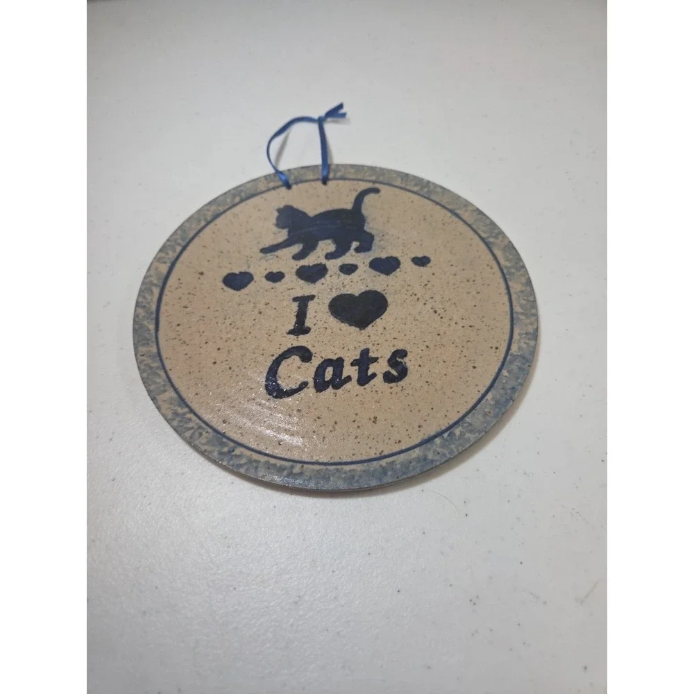 Art Pottery Blue Spongeware I Love Cats Wall Hanging Artist Signed Feline Hearts